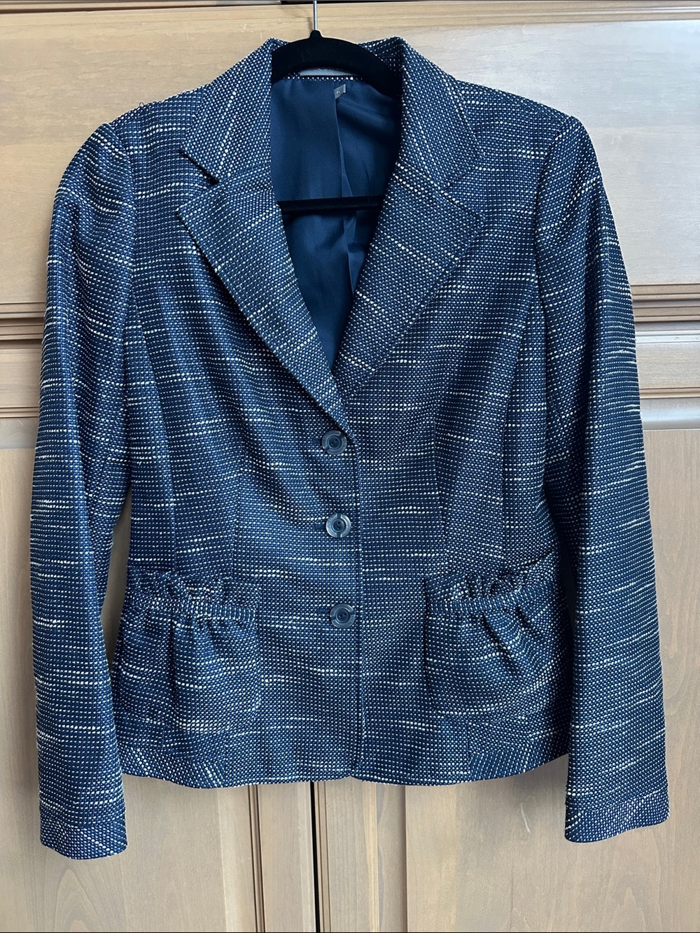 Tailored Navy Dot-Pattern Three-Button Blazer